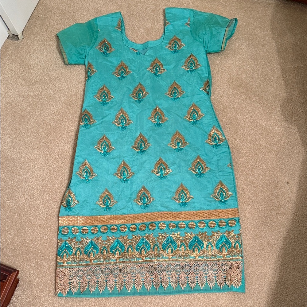Indian Nepali mint green and gold embroidered Kurta top with matching shawl